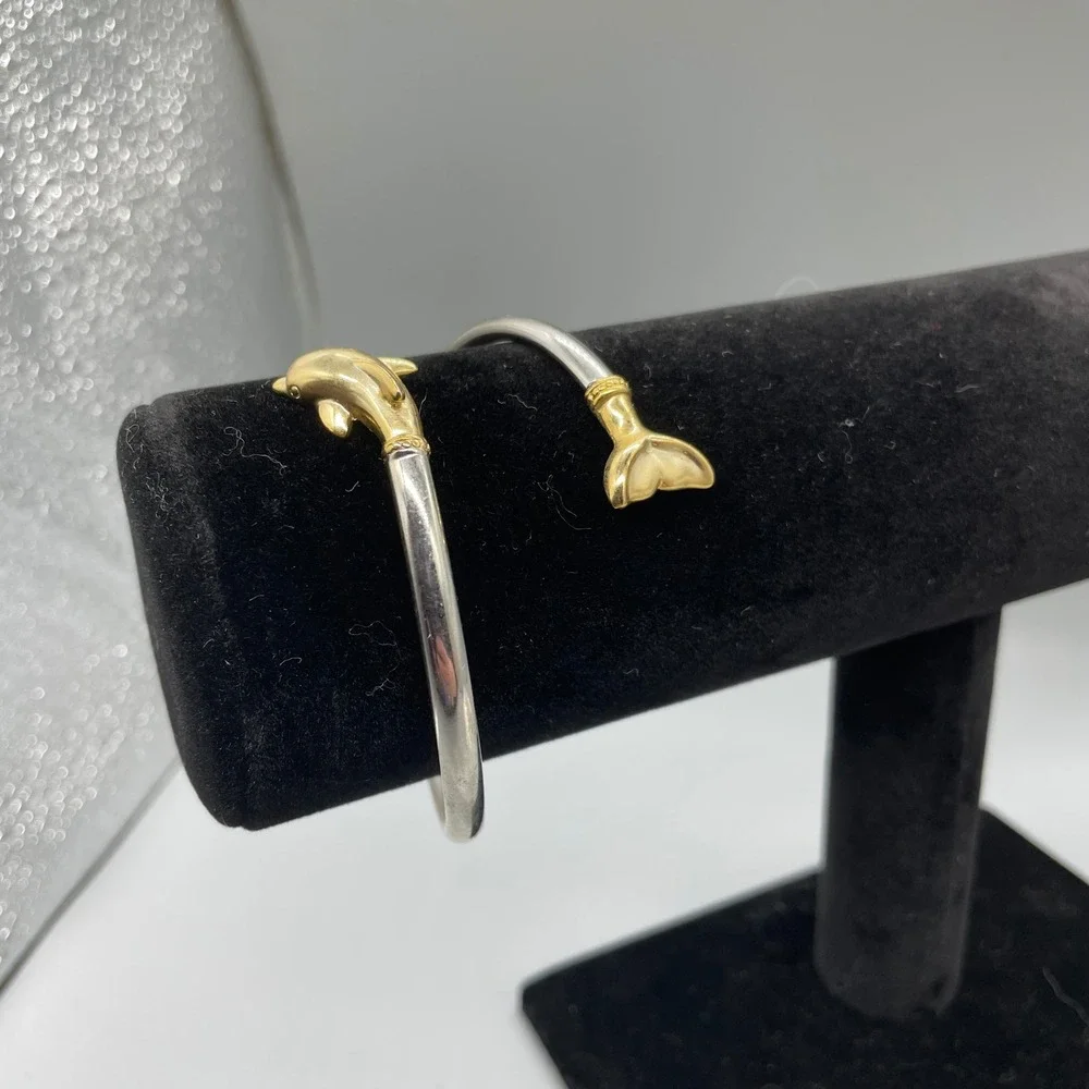 Vintage Two Tone Dolphin Bypass Cuff Bracelet Silver Gold Tone Nautical Jewelry